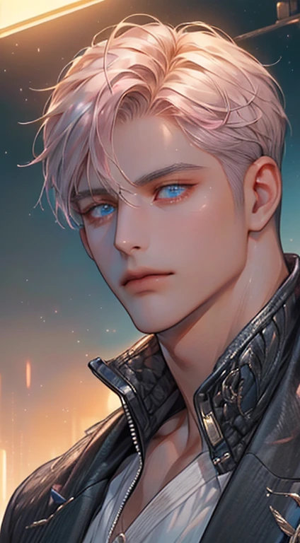 (best quality,4k,8k,highres,masterpiece:1.2),ultra-detailed,(realistic,photorealistic,photo-realistic:1.37),cinematic lighting,1:4 hdr image,a mature man, 32 years old,very handsome,cold expression,short grey pink hair,blue eyes,flawless face,buttoning his jacket,CEO