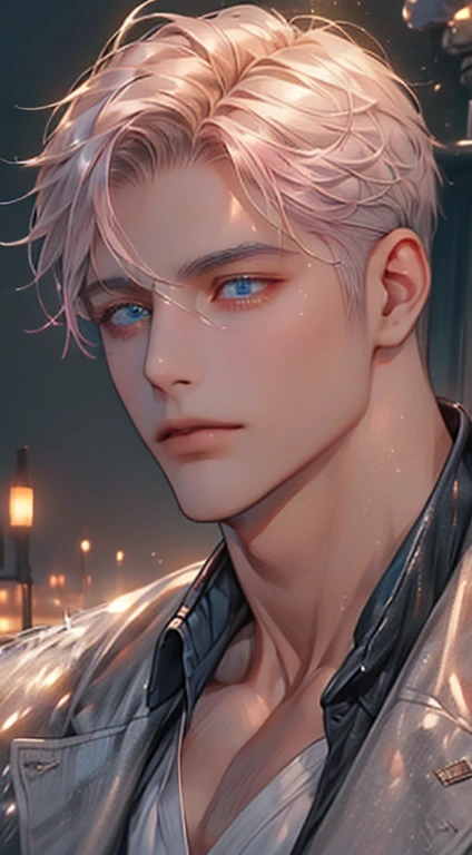 (best quality,4k,8k,highres,masterpiece:1.2),ultra-detailed,(realistic,photorealistic,photo-realistic:1.37),cinematic lighting,1:4 hdr image,a mature man, 32 years old,very handsome,cold expression,short grey pink hair,blue eyes,flawless face,buttoning his jacket,CEO