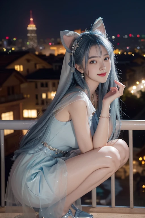 8K, masterpiece, RAW photos, best quality, Reality, extremely detailed CG unity 8K wallpaper, Depth of Field, light, lens flare, Ray Tracing, (Extremely beautiful face, Beautiful lips, beautiful eyes), Complex facial details, ((Ultra-delicate skin)) , Beautiful Asian girl, ((Looking at the audience)),(big Smile), (Blurred background), midnight, (pretty girl), earrings, bracelet, necklace, Clear eyes, (Pale skin), Facing forward, (big eyes), (Looking at the audience), Large Breasts ,((Smile)),, City景观, blue eyes, Shiny Dress, , mini skirt, Very short red dress, Open your heart, balcony, Very slim, (Medium buttocks), See-through dress, Thick thighs, Open your heart
1 girl,hoodie,fur cape,Blue Hair,sSmile,Lolita clothing,Extra long hair,Red bow hair ornament,Squatting and sitting,Very detailed content,Center frame,Clear focus,City,night,Ski Resorts,snowstorm,Lure,8K,tmasterpiece,Award-winning works,