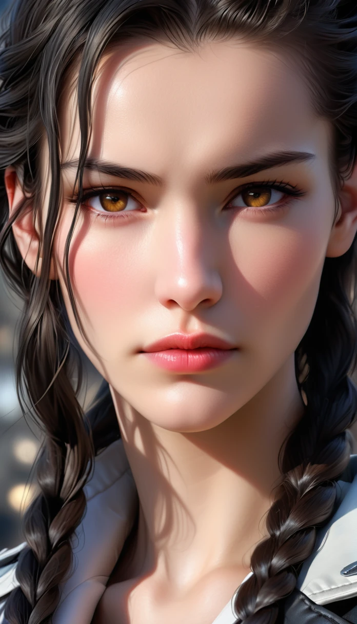 (((( FemTerminatorCos )))) A beautiful young woman with narrowed eyes, a smirk on her face, and long black braided hair, 1girl, detailed facial features, beautiful detailed eyes, beautiful detailed lips, extremely detailed face, long eyelashes, dark braided hair, serious expression, photo-realistic, cinematic lighting, highly detailed, 8k, masterpiece, hyper-realistic, photorealistic, intricate details, dramatic lighting, warm color tones
