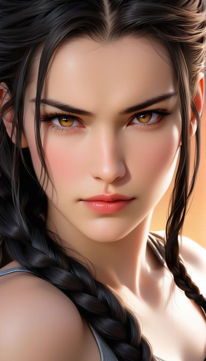 (((( FemTerminatorCos )))) A beautiful young woman with narrowed eyes, a smirk on her face, and long black braided hair, 1girl, detailed facial features, beautiful detailed eyes, beautiful detailed lips, extremely detailed face, long eyelashes, dark braided hair, serious expression, photo-realistic, cinematic lighting, highly detailed, 8k, masterpiece, hyper-realistic, photorealistic, intricate details, dramatic lighting, warm color tones
