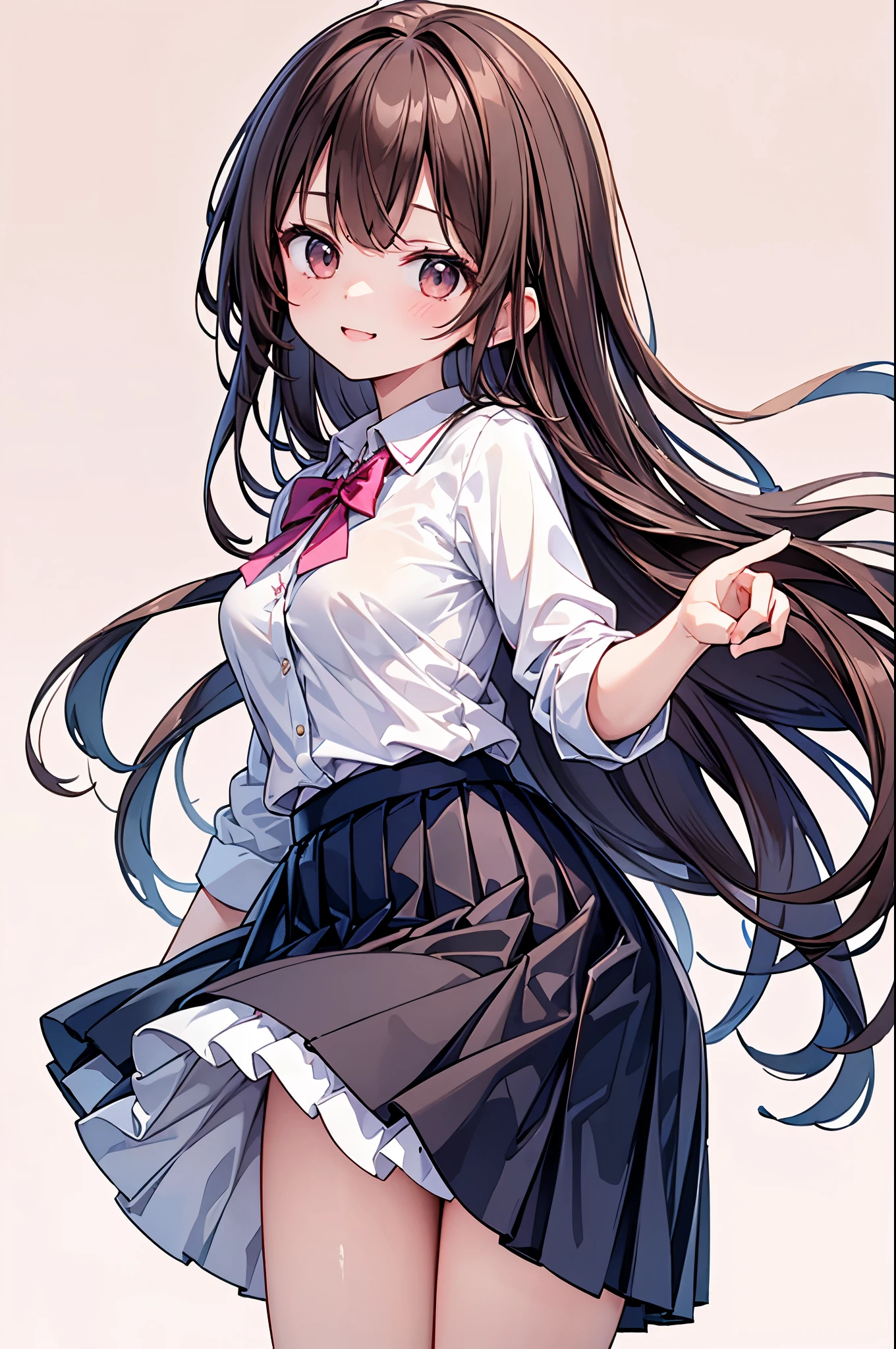high resolution,smile,woman,woman1人,adult,Clear,cute, Brown Hair,BREAK, Brown eyes,BREAK, high school girl,uniform,White shirt,Navy blue pleated skirt,BREAK, Facing forward,BREAK,Pink background,