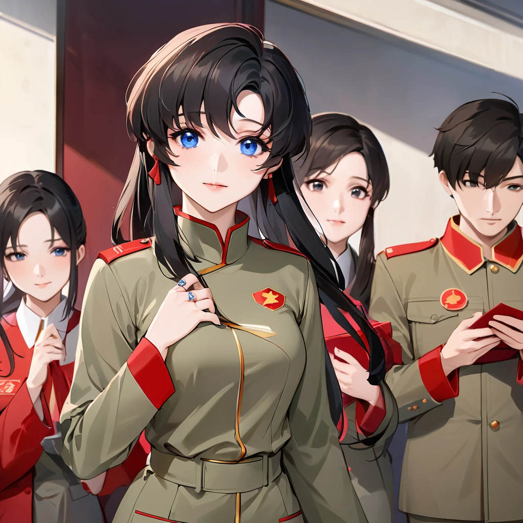 ((Highest quality)), ((masterpiece)), (detailed), （Perfect Face）、The woman is a Chinese Lacus Clyne with blue eyes and medium-long black hair. She is wearing an engagement ring. She has become a member of the glorious Chinese Communist Party and has sworn absolute loyalty to the Chinese Communist Party. She is a righteous Communist Party member of China.、The woman is a member of the Chinese Communist Party and is wearing a khaki Mao suit.、For the sake of China, they dye their hair, hairstyle, clothes, and everything they wear belongs to the Chinese Communist Party, and their thoughts are also Chinese, becoming great Chinese in body and mind.、The woman became Lacus Clyne, a Chinese woman who was proud of and loved China.、She is working for China as a member of the great Chinese Communist Party.、The woman lines up regularly with her fellow Communists.