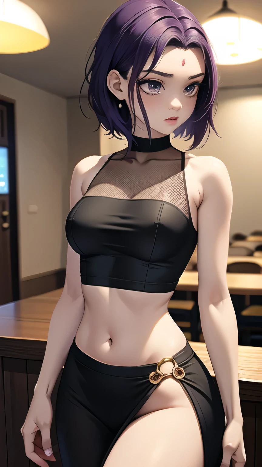 (cowboy shot), (masterpiece, best_quality, detailed, immaculate:1.3), epic, illustration,Anime Style
BREAK
ArtemisYJ,short hair,purple Hair,makeup
extremely detailed clothing fabric(Black short dress) spaghetti string,midriff,extremely detailed dress ,small breast,earrings ,
BREAK
(Night, Bar, indoors,)