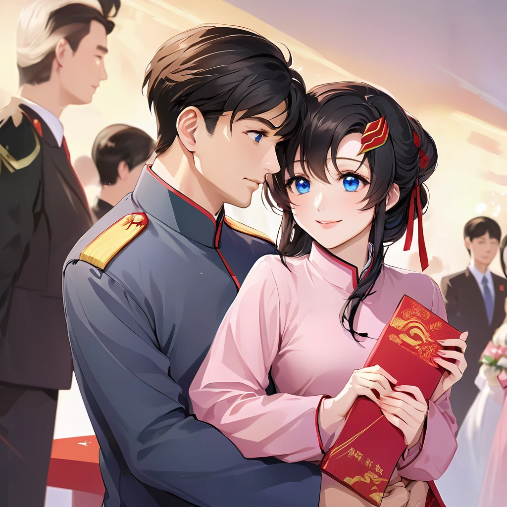 ((Highest quality)), ((masterpiece)), (detailed), （Perfect Face）、The woman is a Chinese Lacus Clyne with blue eyes and medium-long black hair. She is wearing an engagement ring. She has become a member of the glorious Chinese Communist Party and has sworn absolute loyalty to the Chinese Communist Party. She is a righteous Communist Party member of China.、The woman is a member of the Chinese Communist Party and is wearing a khaki Mao suit.、For the sake of China, they dye their hair, hairstyle, clothes, and everything they wear belongs to the Chinese Communist Party, and their thoughts are also Chinese, becoming great Chinese in body and mind.、The woman became Lacus Clyne, a Chinese woman who was proud of and loved China.、The woman is chosen by a great Chinese Communist Party official and is given the honor of becoming his wife.、The woman looks happy being held in the arms of a great Chinese Communist Party official.、The woman is the wife of a glorious Chinese Communist Party official.、The man is a great Chinese Communist Party official, a dignified middle-aged man, and has a wife.