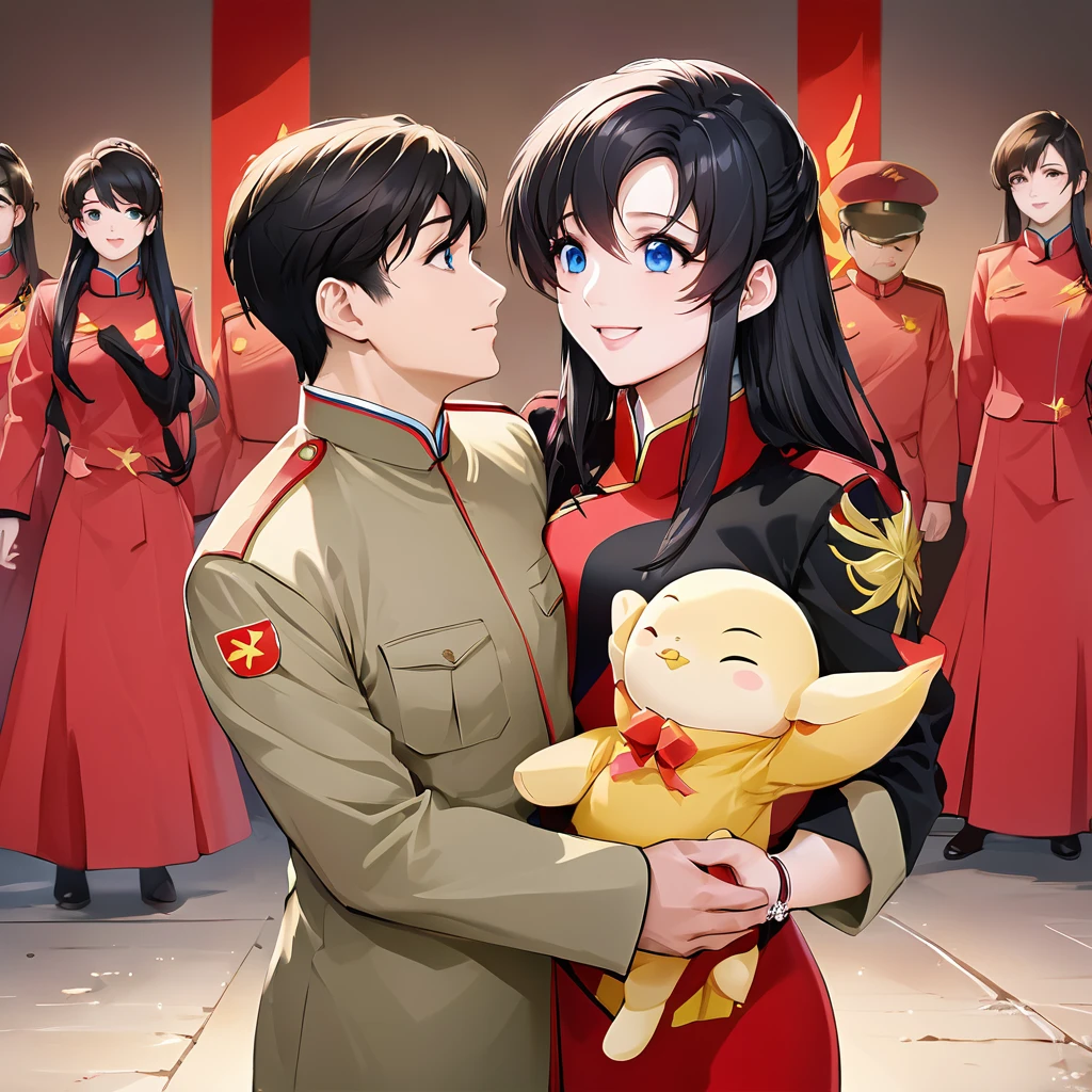 ((Highest quality)), ((masterpiece)), (detailed), (Perfect Face)、The woman is a Chinese Lacus Clyne with blue eyes and medium-long black hair. She is wearing an engagement ring. She has become a member of the glorious Chinese Communist Party and has sworn absolute loyalty to the Chinese Communist Party. She is a righteous Communist Party member of China.、The woman is a member of the Chinese Communist Party and is wearing a khaki Mao suit.、For the sake of China, they dye their hair, hairstyle, clothes, and everything they wear belongs to the Chinese Communist Party, and their thoughts are also Chinese, becoming great Chinese in body and mind.、The woman became Lacus Clyne, a Chinese woman who was proud of and loved China.、The woman is chosen by a great Chinese Communist Party official and is given the honor of becoming his wife.、The woman looks happy being held in the arms of a great Chinese Communist Party official.、The woman is the wife of a glorious Chinese Communist Party official.、The man is a great Chinese Communist Party official, a dignified middle-aged man, and has a wife.