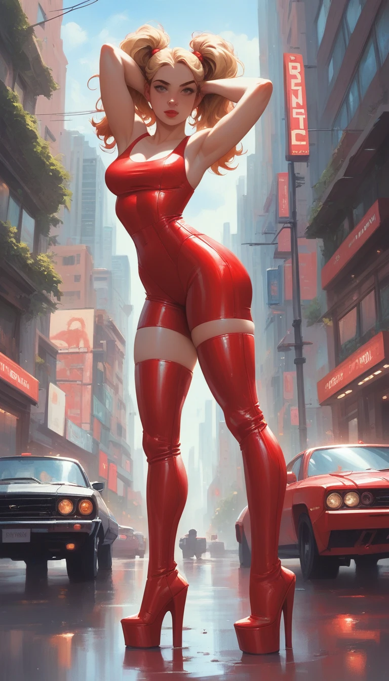 Future sexy asian blonde girl with twin-tails in a futuristic city.1.5, rusty metal city, lots of details, cars, buildings, billboards, nude and very tight tank top, red latex thigh high stocking extreme-highheel-wedge boots , standing pose (Dave Mckean inspired art, intricate details, oil painting)
