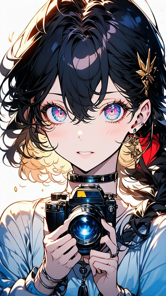 Close-up of a woman holding a camera。In the eyes of a woman、A beautiful view is reflected。The camera has『Niwon』The brand name is written、Elaborately drawn down to the smallest detail。Soft light shines into the background、There is a fantastic atmosphere in the air。