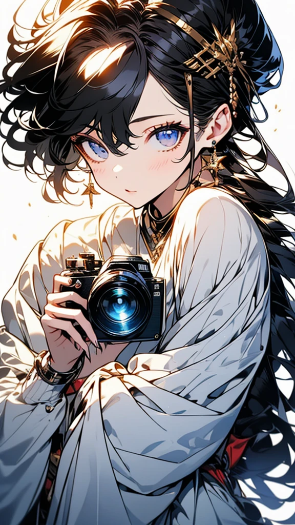 Close-up of a woman holding a camera。In the eyes of a woman、A beautiful view is reflected。The camera has『Niwon』The brand name is written、Elaborately drawn down to the smallest detail。Soft light shines into the background、There is a fantastic atmosphere in the air。