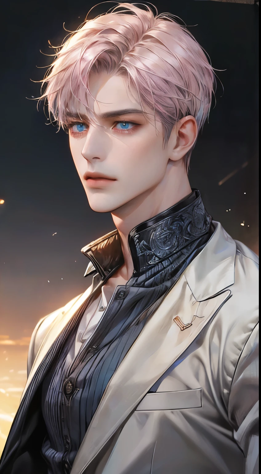 (best quality,4k,8k,highres,masterpiece:1.2),ultra-detailed,(realistic,photorealistic,photo-realistic:1.37),cinematic lighting,1:4 hdr image,a mature man, 32 years old,very handsome,cold expression,short grey pink hair,blue eyes,flawless face,buttoning his jacket,CEO