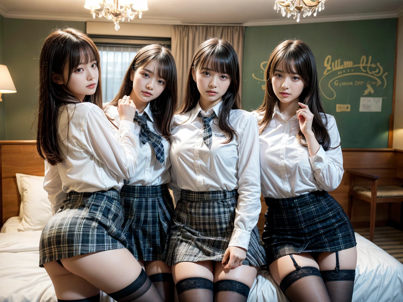 masterpiece, best quality, illustration, Super detailed, fine details, High resolution, 8K,wall paper, perfect dynamic composition,(Details High quality, realistic depiction of eyes:1.3), (3 girls), (white school shirt :1.2), (plaid skirt :1.3), tie black, black thigh-high stockings, sitting, open legs, short bob hair, in a hotel room in the background, deep on field, large breasts, black hair color, Big Natural Color Lip, (perfect body shape), crying a little、Harajuku style、20 year old girl、cute type、beautiful legs, Gravure Idol
