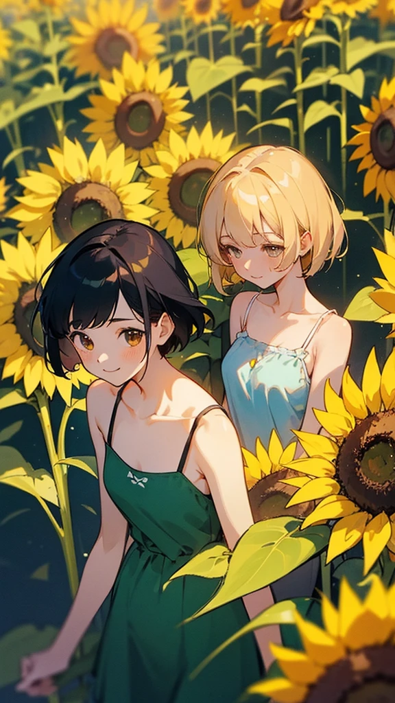 master piece, best quality, for below, cinematic angle, upper body , pigeon toed,
Anime-style Moe illustration, summer vacation theme, 20-year-old 4womans holding a bouquet of sunflowers, short hair,
bikini, slightly inner thighs, smile, accurate drawing, Active pose,