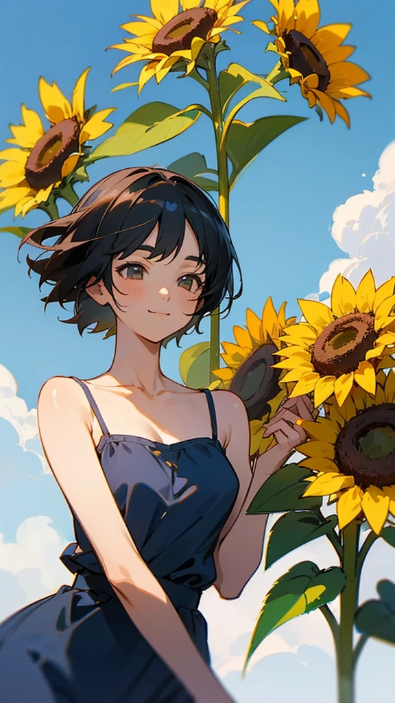 master piece, best quality, for below, cinematic angle, upper body , pigeon toed,
Anime-style Moe illustration, summer vacation theme, 20-year-old 4womans holding a bouquet of sunflowers, short hair,
camisole dress, slightly inner thighs, smile, accurate drawing, Active pose,