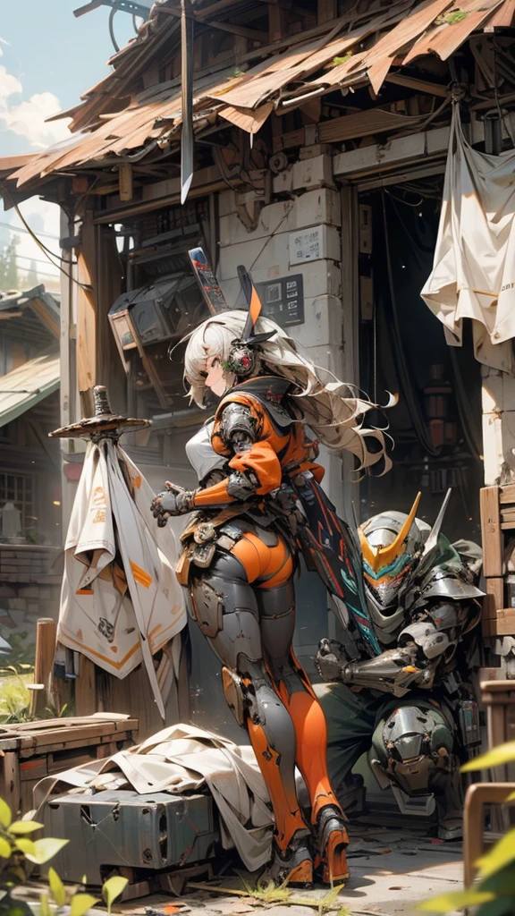 HERO robot,knight armor massive,meca,droid,heaby armor massive,human_not,anime style,holding_sword,masterpiece,masterpiece,best quality,super detailed,super fine illustration,8k,dynamic' angle,industry meca design,green color,giant size.Break in battlefield,煙,destroyed building,detailed background,Break the robot conflict with enemy.