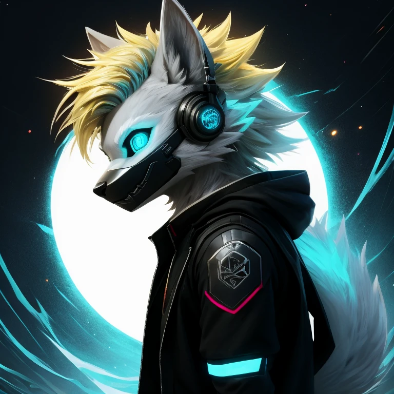 Young werewolf, white fur, wearing a black jacket with neon details, sporting a cybernetic mask, with gamer headphones, profile picture, Close-up on the facehigh quality, digital art, drawing, HD 4k fotorealistisch, ((clear structural details)), Meticulous and realistic, Detailed eyes, (Turquoise blue pupils), ((Silvery-white glowing eyes)), Evil smile, Smile, slenderness, soft, 4K, Excellent quality, high detal, Detailed fur, ((The tail is in the right place) ,Light blue shirt。Two ears,Yellow Hair,whole body,Standing