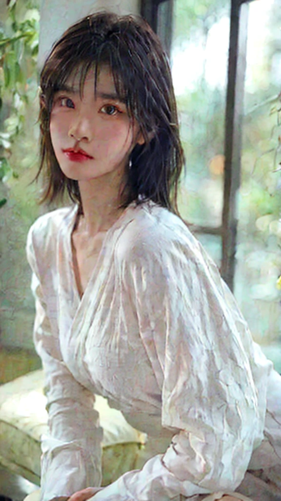 korean boy, young, with silver hair with black and white highlights, his eyes of a light color, his dress is casual , modern and at the same time not so casual