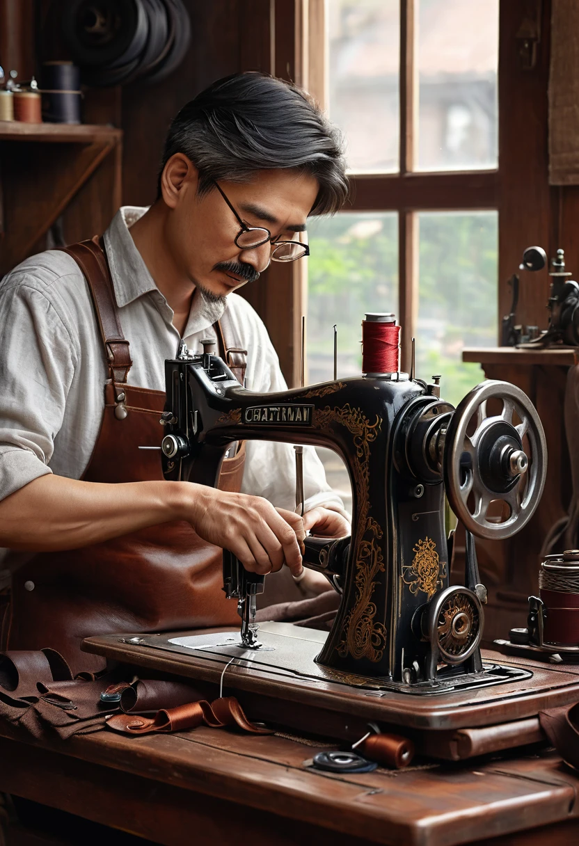 A craftsman sews leather with an old sewing machine。There are threads and skin around it.。Photo realistic