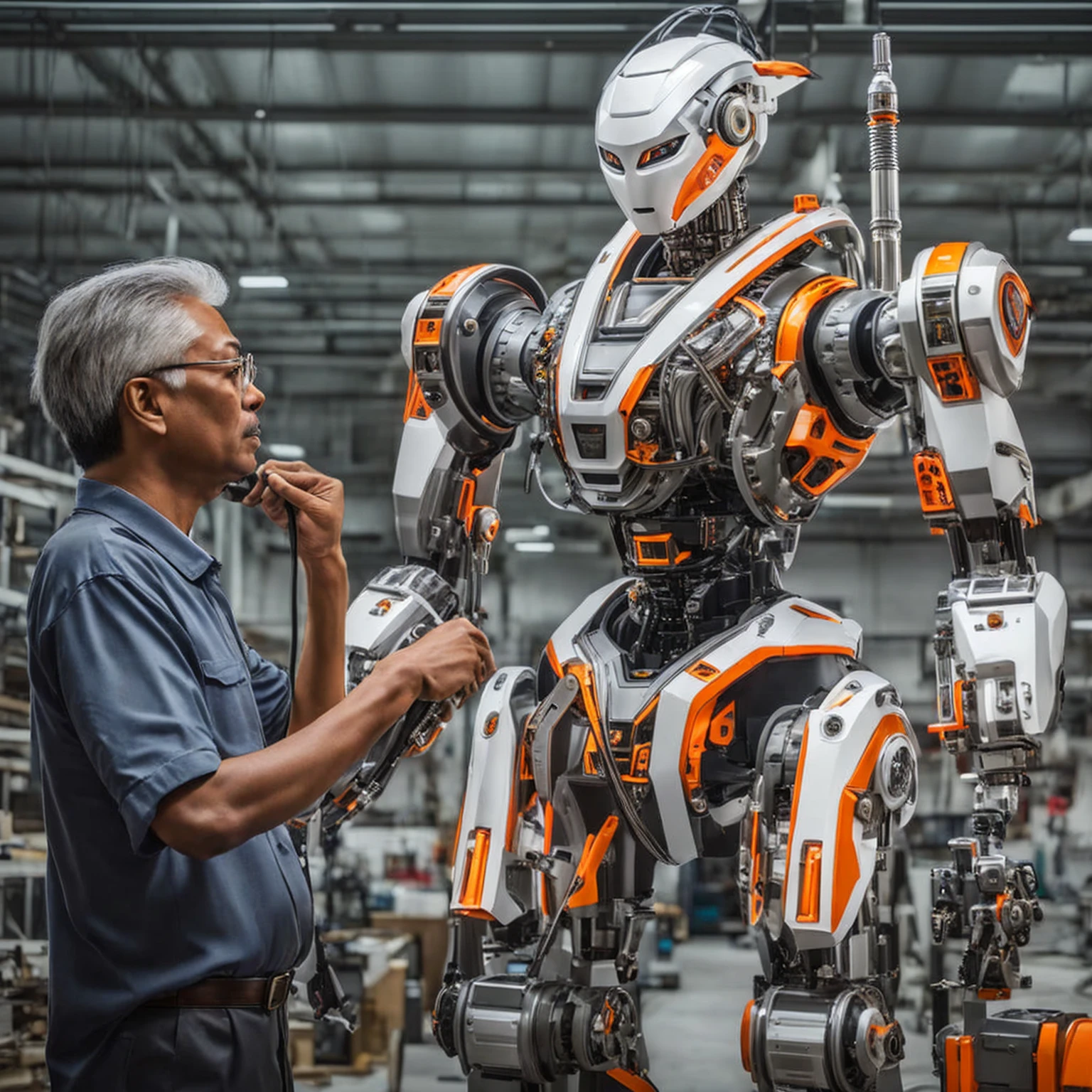 a splendid view in the workshop, a grey hair Malay foreman and his young Man Malay assistant are doing final touches on a mechanical hibrid cybernetics Robot, neon polymers, poly carbon white, orange and bland sleek linings. The robots loom grand and splendid, well designed modernized mecha. The mecha resembles A depiction of Malay warrior, details in hyper details cinematic mood dramatic photography HDR hires, 36K Artgerm, CG society, Corel painting ZBrush style, Surrea, Broken Glass effect, no background, stunning, something that even doesn't exist, mythical being, energy, molecular, textures, iridescent and luminescent scales, breathtaking beauty, pure perfection, divine presence, unforgettable, impressive, breathtaking beauty, Volumetric light, auras, rays, vivid colors reflects