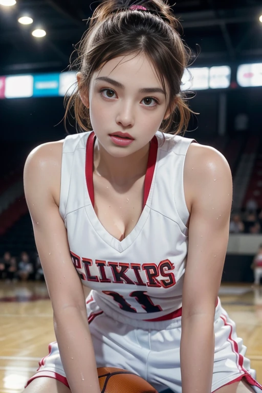 4K，masterpiece，High resolution，Very complicated，Realistically，((Sweaty 1.5))，((Shiny skin 1.5))， whole body，Summer noon， Play basketball，Basketball Pose，Basketball Uniform，Thighs， 1990s\（style\），White skin，(Sweaty cleavage 1.2)， (Highest quality), (High resolution), (Extremely delicate and beautiful),Beautiful 8k face,(Brown eyes),(Beautiful breasts),(Basketball Sportswear),((Play basketball)),((Basketball court background)),， closeup cleavage，Highest quality， RAW Photos， Realistically， Cute face， Buatigarh， Adorable， Pink shorthair， Depth of written boundary， Super detailed， Cinema Lighting