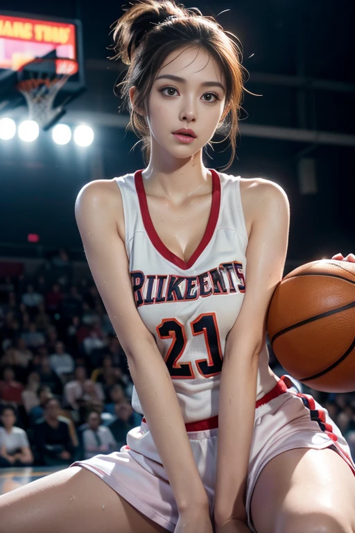 4K，masterpiece，High resolution，Very complicated，Realistically，((Sweaty 1.5))，((Shiny skin 1.5))， whole body，Summer noon， Play basketball，Basketball Pose，Basketball Uniform，Thighs， 1990s\（style\），White skin，(Sweaty cleavage 1.2)， (Highest quality), (High resolution), (Extremely delicate and beautiful),Beautiful 8k face,(Brown eyes),(Beautiful breasts),(Basketball Sportswear),((Play basketball)),((Basketball court background)),， closeup cleavage，Highest quality， RAW Photos， Realistically， Cute face， Buatigarh， Adorable， Pink shorthair， Depth of written boundary， Super detailed， Cinema Lighting