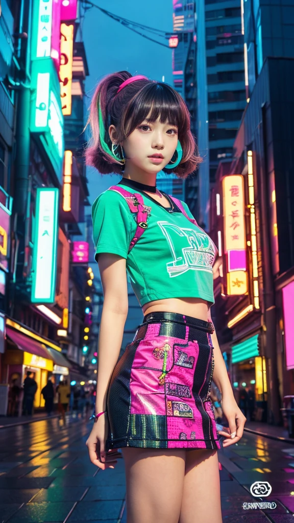 masterpiece、Highest quality、Wearing unique Harajuku style clothing、Mint green stands out、Bold colors and patterns、Eye-catching accessories、Trendy and innovative hairstyles、Bright makeup、Dazzling cyberpunk cityscapes、Skyscraper、Neon Signs、LED Light、Bright and vivid color scheme、anime、shape、Fine skin、High quality fabric、Intricate details、Very detailed、Low - Angle、whole body、vision(avert your eyes:1.4)、Dynamic pose、Short Hair、