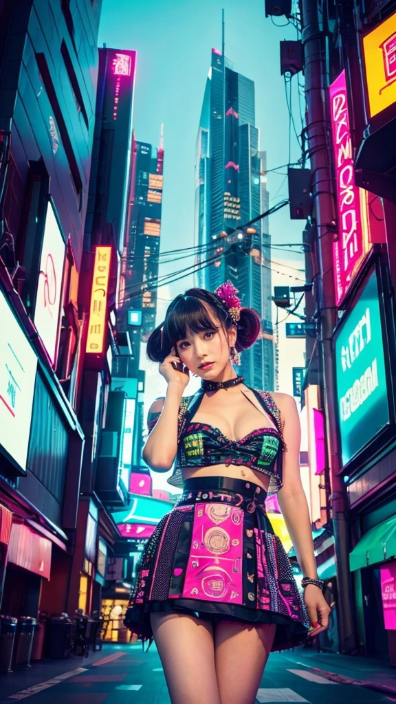 masterpiece、Highest quality、Wearing unique Harajuku style clothing、Mint green stands out、Bold colors and patterns、Eye-catching accessories、Trendy and innovative hairstyles、Bright makeup、Dazzling cyberpunk cityscapes、Skyscraper、Neon Signs、LED Light、Bright and vivid color scheme、anime、shape、Fine skin、High quality fabric、Intricate details、Very detailed、Low - Angle、whole body、vision(avert your eyes:1.4)、Dynamic pose、Short Hair、