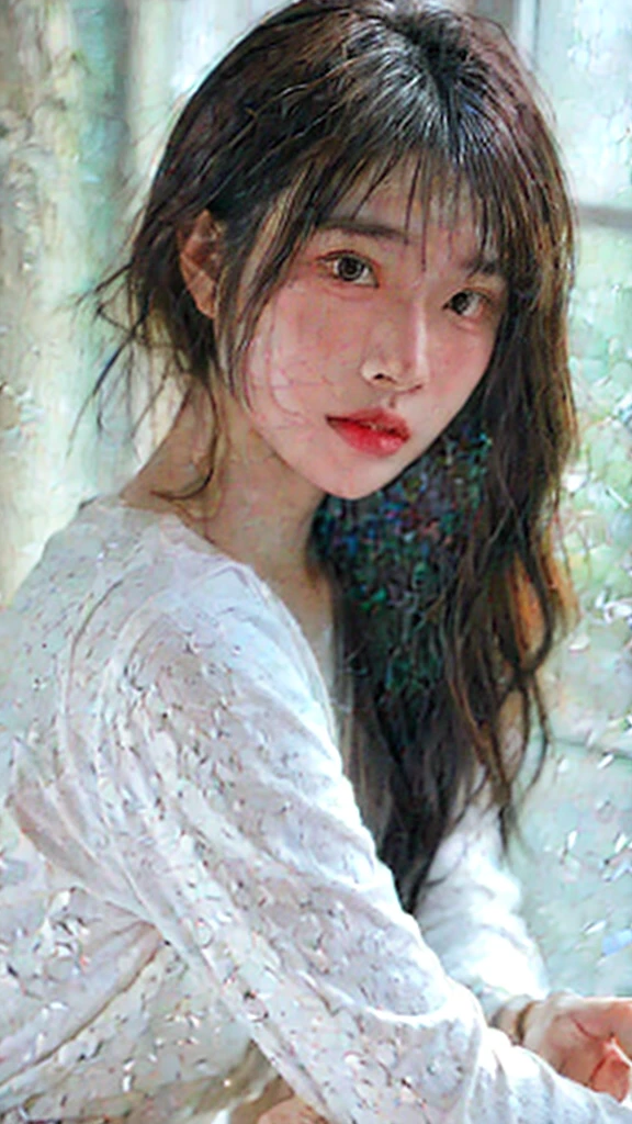 korean boy, young, with silver hair with black and white highlights, his eyes of a light color, his dress is casual , modern and at the same time not so casual