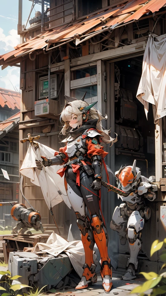 HERO robot,knight armor massive,meca,droid,heaby armor massive,human_not,anime style,holding_sword,masterpiece,masterpiece,best quality,super detailed,super fine illustration,8k,dynamic' angle,industry meca design,green color,giant size.Break in battlefield,煙,destroyed building,detailed background,Break the robot conflict with enemy.