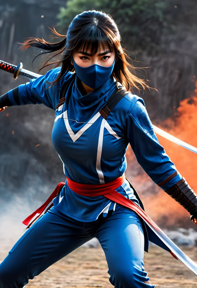 superhero, modern super hero costume, ninja, ninja costume, ninja mask on the face, With a Chinese sword, Jin sword,with a Chinese sword, Beautiful Chinese woman, Chinese woman with bangs, courageous character, Kind, Brave, determination, on the battlefield, atmospheric perspective, Motion blur, 8k, super detailing, Best quality, uhd, high detail