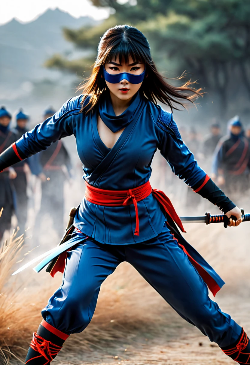 superhero, modern super hero costume, ninja, ninja costume, ninja mask on the face, With a Chinese sword, Jin sword,with a Chinese sword, Beautiful Chinese woman, Chinese woman with bangs, courageous character, Kind, Brave, determination, on the battlefield, atmospheric perspective, Motion blur, 8k, super detailing, Best quality, uhd, high detail