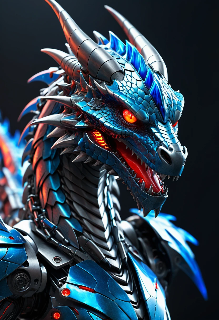 a futuristic robotic dragon, sleek metallic scales, glowing red eyes, sharp angular features, spitting vibrant blue flame, (best quality,4k,8k,highres,masterpiece:1.2),ultra-detailed,(realistic,photorealistic,photo-realistic:1.37),concept art,cinematic lighting,high quality,intricate details,digital art,3d render,hard surface design,machinery,mechanical,futuristic technology,dynamic pose