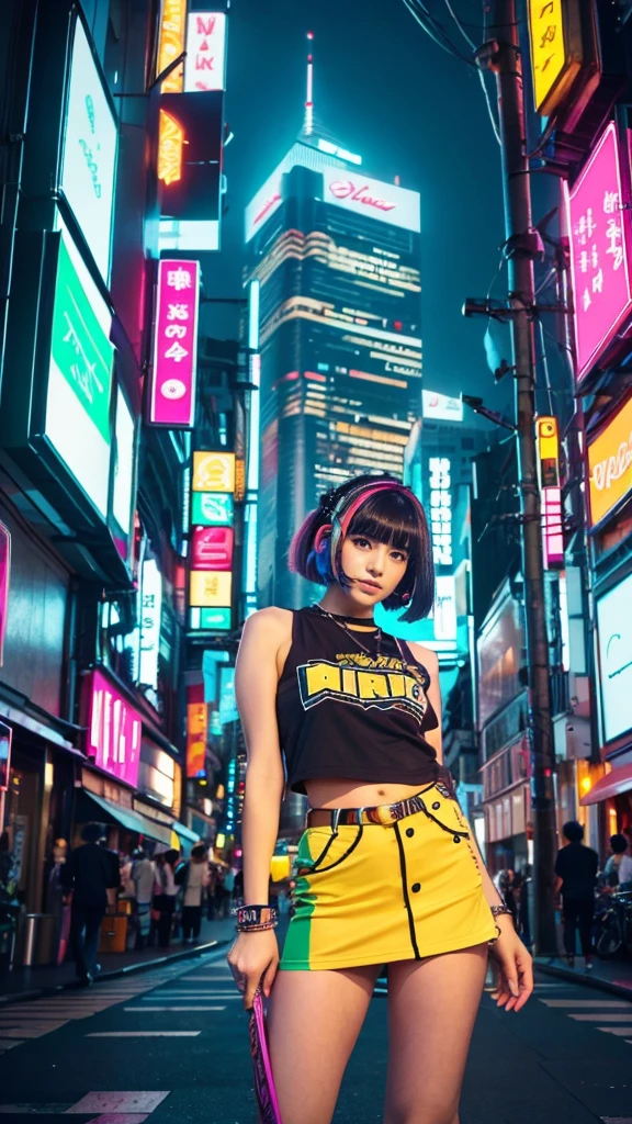 masterpiece、Highest quality、Wearing unique Harajuku style clothing、Mint green stands out、Bold colors and patterns、Eye-catching accessories、Trendy and innovative hairstyles、Bright makeup、Dazzling cyberpunk cityscapes、Skyscraper、Neon Signs、LED Light、Bright and vivid color scheme、anime、shape、Fine skin、High quality fabric、Intricate details、Very detailed、Low - Angle、whole body、vision（avert your eyes：1.4）、Dynamic pose、Short Hair、