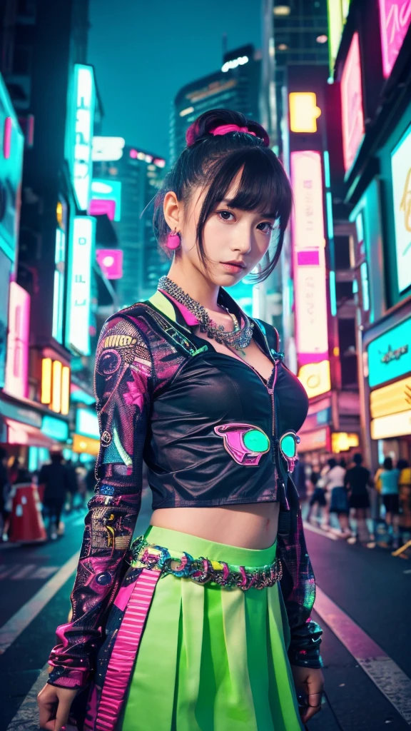 masterpiece、Highest quality、Wearing unique Harajuku style clothing、Mint green stands out、Bold colors and patterns、Eye-catching accessories、Trendy and innovative hairstyles、Bright makeup、Dazzling cyberpunk cityscapes、Skyscraper、Neon Signs、LED Light、Bright and vivid color scheme、anime、shape、Fine skin、High quality fabric、Intricate details、Very detailed、Low - Angle、whole body、vision（avert your eyes：1.4）、Dynamic pose、Short Hair、