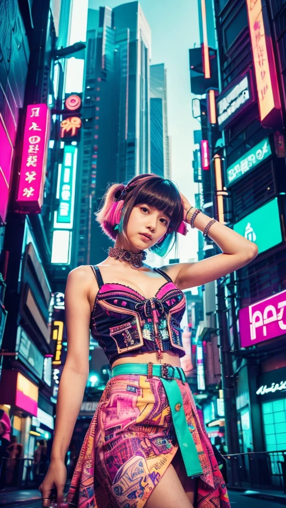 masterpiece、Highest quality、Wearing unique Harajuku style clothing、Mint green stands out、Bold colors and patterns、Eye-catching accessories、Trendy and innovative hairstyles、Bright makeup、Dazzling cyberpunk cityscapes、Skyscraper、Neon Signs、LED Light、Bright and vivid color scheme、anime、shape、Fine skin、High quality fabric、Intricate details、Very detailed、Low - Angle、whole body、vision(avert your eyes:1.4)、Dynamic pose、Short Hair、