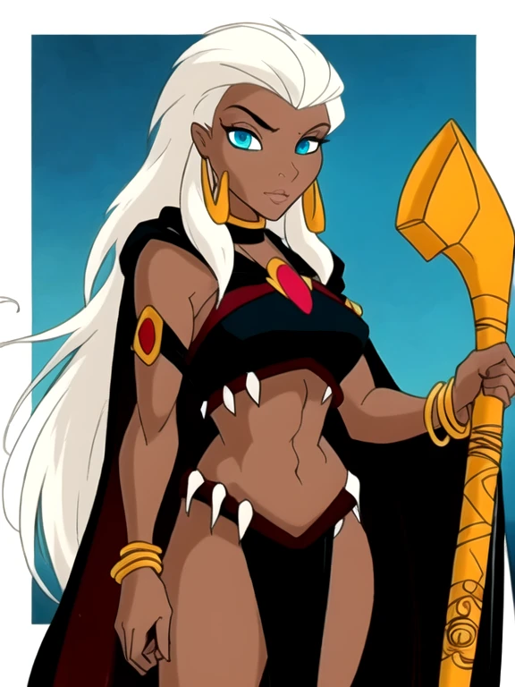 masterpiece, best quality, 1female, queen_la_tarzan, exceptional quality face, dark skin, long white hair, white hair, turquoise eyes, cape, black crop-top, loincloth, holding a golden staff
