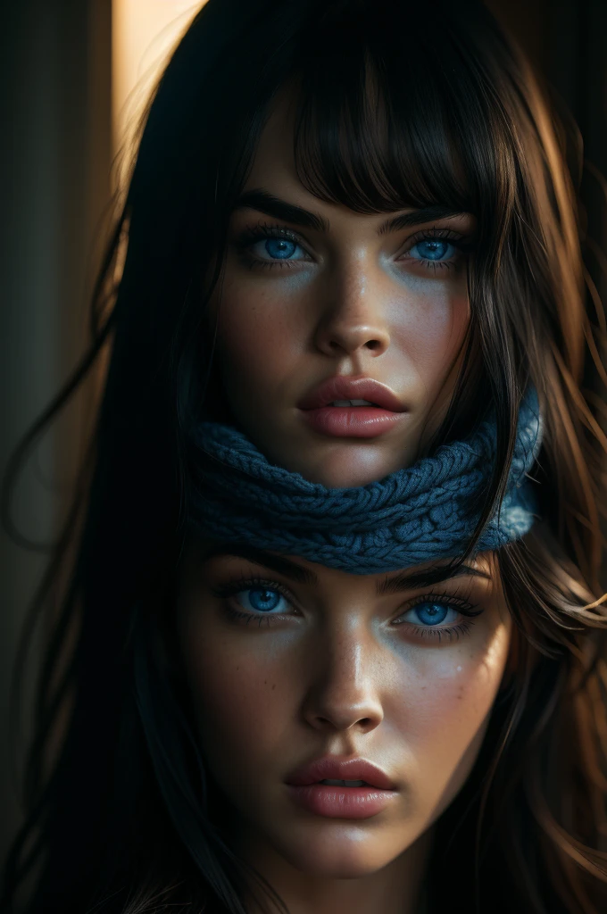 Megan Fox, portrait, ultra detailed blue eyes, bangs, knit sweater, (((masterpiece, ultra detailed face))).