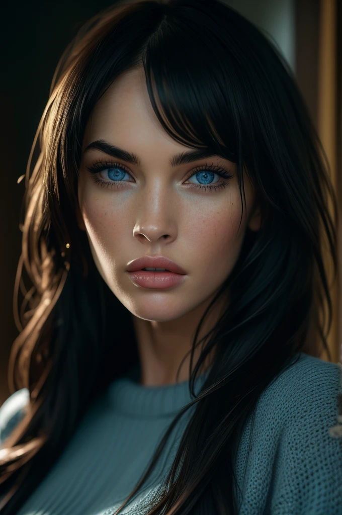 Megan Fox, portrait, ultra detailed blue eyes, bangs, knit sweater, (((masterpiece, ultra detailed face))).