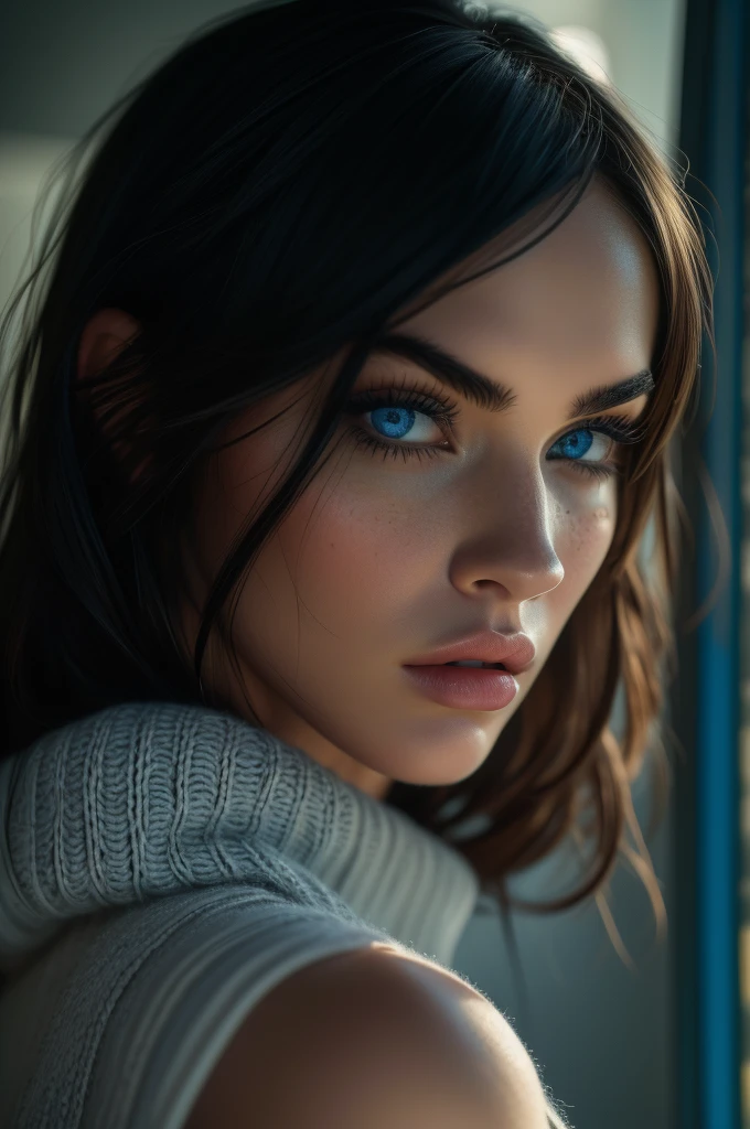 Megan Fox, portrait, ultra detailed blue eyes, bangs, knit sweater, (((masterpiece, ultra detailed face))).