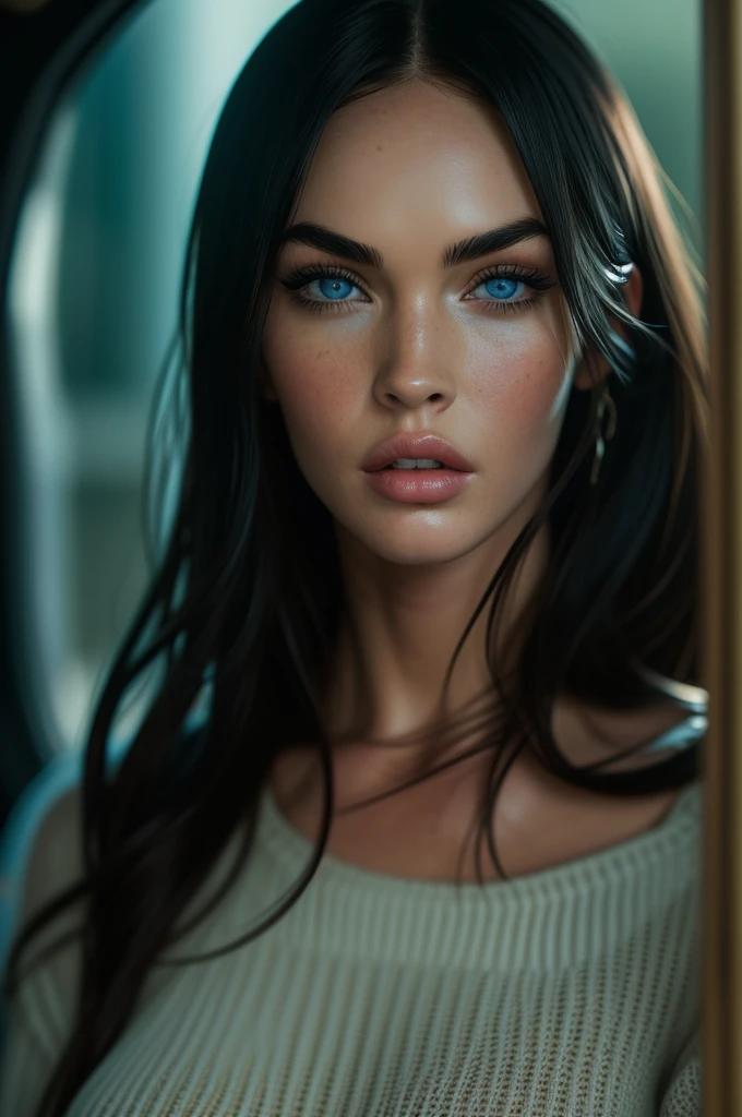 Megan Fox, portrait, ultra detailed blue eyes, bangs, knit sweater, (((masterpiece, ultra detailed face))).