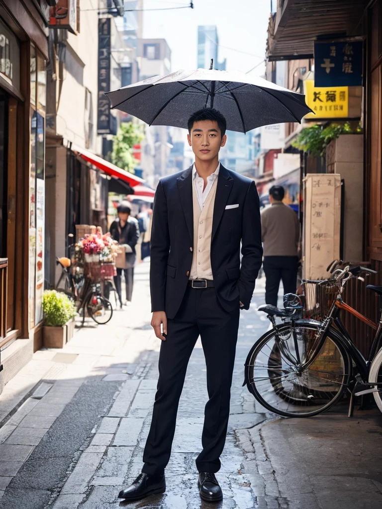 A handsome Chinese man, three-dimensional facial features, full body, standard proportion, background street, sunny day, holding an umbrella