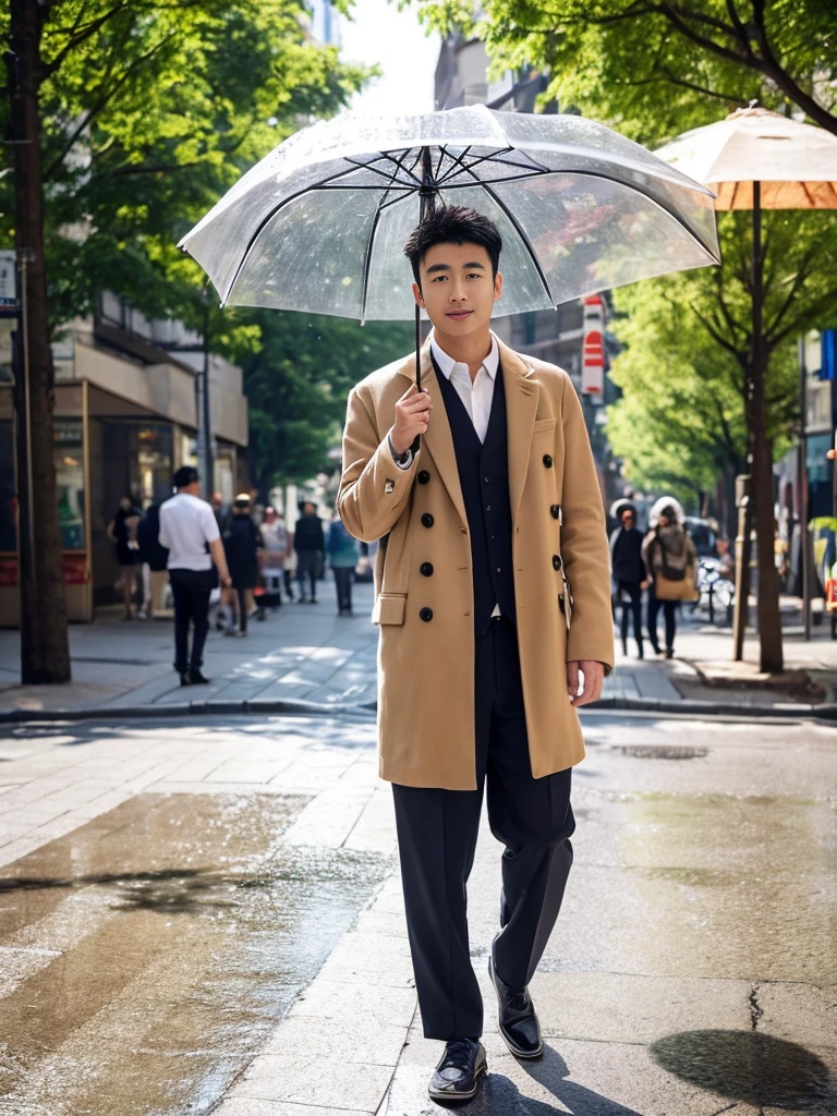 A handsome Chinese man, three-dimensional facial features, full body, standard proportion, background street, sunny day, holding an umbrella