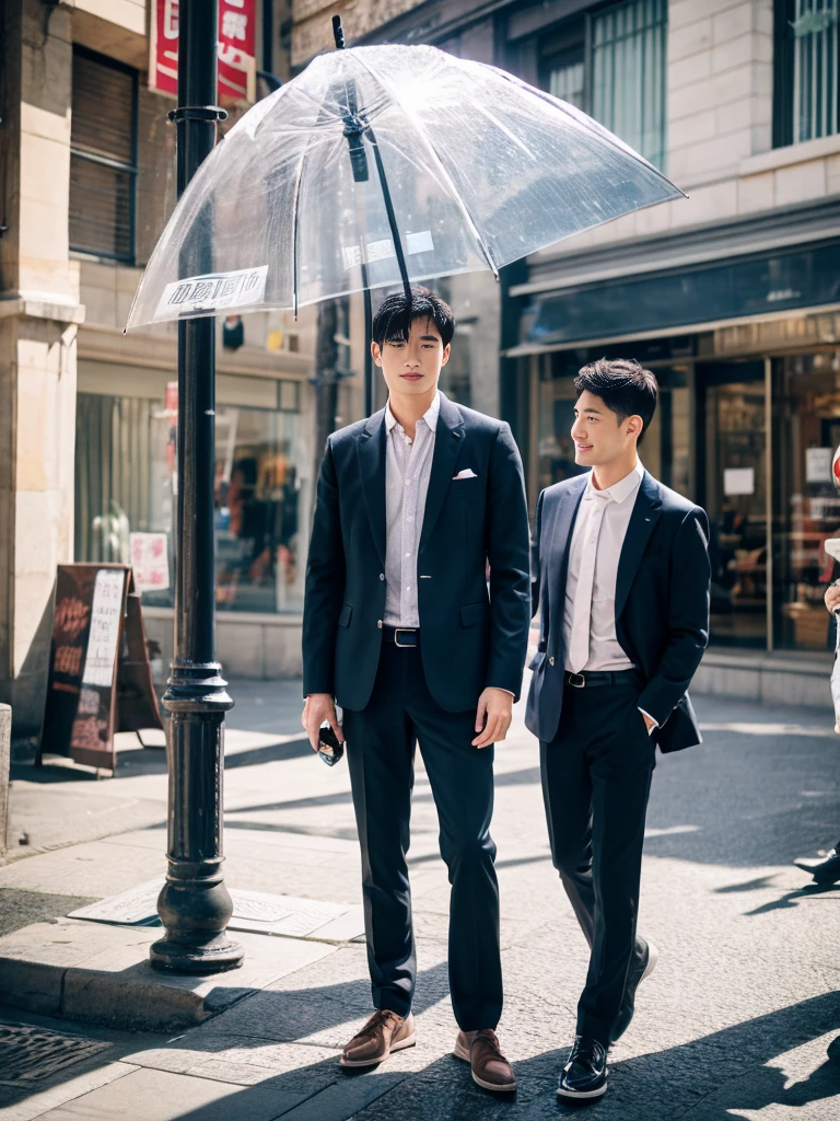 A handsome Chinese man, three-dimensional facial features, full body, standard proportion, background street, sunny day, holding an umbrella