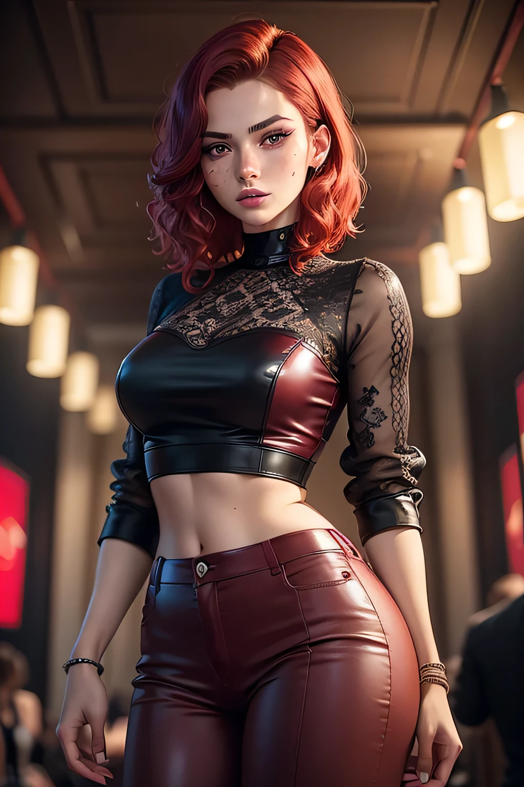 a 20 year old european girl with wavy short red burgundy bobbed haircut wavy, freckles, arrogant and mean expression, wearing red and black pants, beautiful detailed eyes, beautiful detailed lips, extremely detailed eyes and face, long eyelashes, high fashion, elegant, glamorous, colorful party lights, cinema4d, octane render, highly detailed, 8k, photorealistic, masterpiece