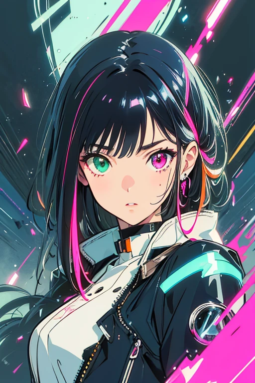 An anime girl with heterochromia (dark blue and bright pink eyes), long black hair with bright purple, pink, cyan, green, orange, and yellow highlights, beautiful detailed eyes, beautiful detailed lips, extremely detailed face, longeyelashes, delicate facial features, figure, wearing a colorful futuristic outfit, intricate cyberpunk inspired design, neon lights, glowing energy effects, cinematic lighting, vibrant colors, 8k, hyper detailed, masterpiece, digital art, concept art, cyberpunk, sci-fi, surreal