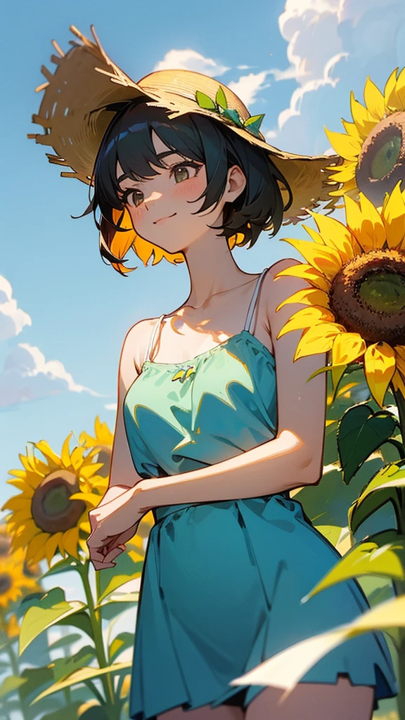 master piece, best quality, for below, cinematic angle, upper body , pigeon toed,
Anime-style Moe illustration, summer vacation theme, 20-year-old 4womans holding a bouquet of sunflowers, short hair,
camisole dress, slightly inner thighs, smile, accurate drawing, Active pose,