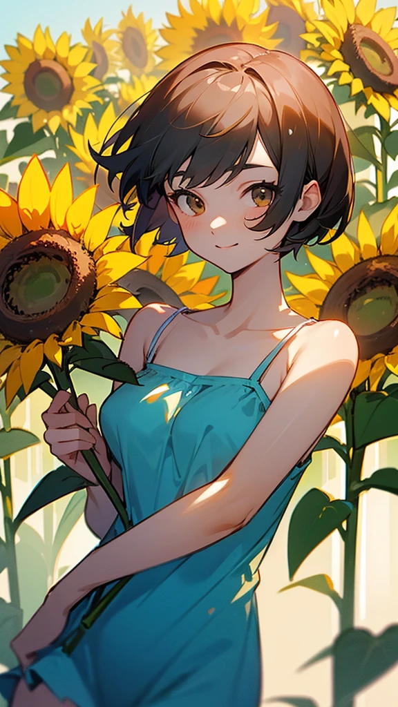master piece, best quality, for below, cinematic angle, upper body , pigeon toed,
Anime-style Moe illustration, summer vacation theme, 20-year-old 4womans holding a bouquet of sunflowers, short hair,
camisole dress, slightly inner thighs, smile, accurate drawing, Active pose,