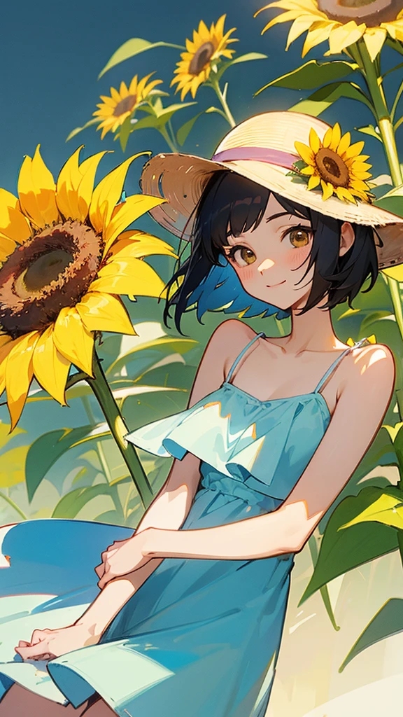master piece, best quality, for below, cinematic angle, upper body , pigeon toed,
Anime-style Moe illustration, summer vacation theme, 20-year-old 4womans holding a bouquet of sunflowers, short hair,
camisole dress, slightly inner thighs, smile, accurate drawing, Active pose,