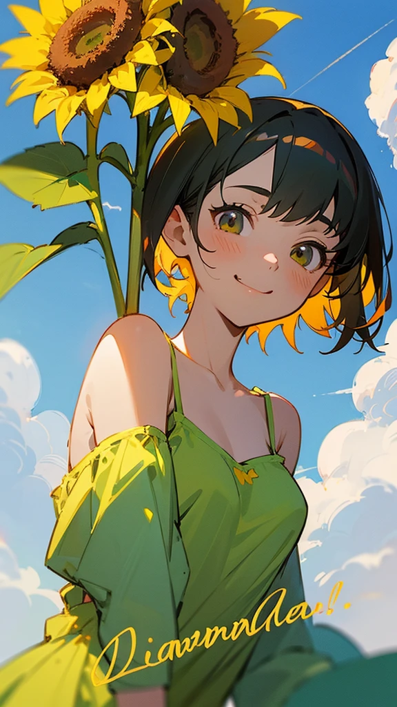 master piece, best quality, for below, cinematic angle, upper body , pigeon toed,
Anime-style Moe illustration, summer vacation theme, 20-year-old 4womans holding a bouquet of sunflowers, short hair,
camisole dress, slightly inner thighs, smile, accurate drawing, Active pose,