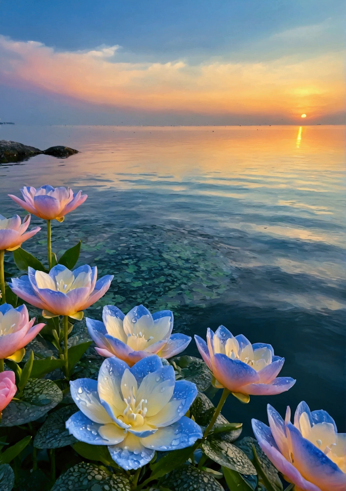 There are many small water drops on some flowers，Background is seaside，The sky is a flaming sunset，Sunset reflected in the water，The whole photo is the color of sunset，best quality, high resolution，masterpiece，High Detail，16K
