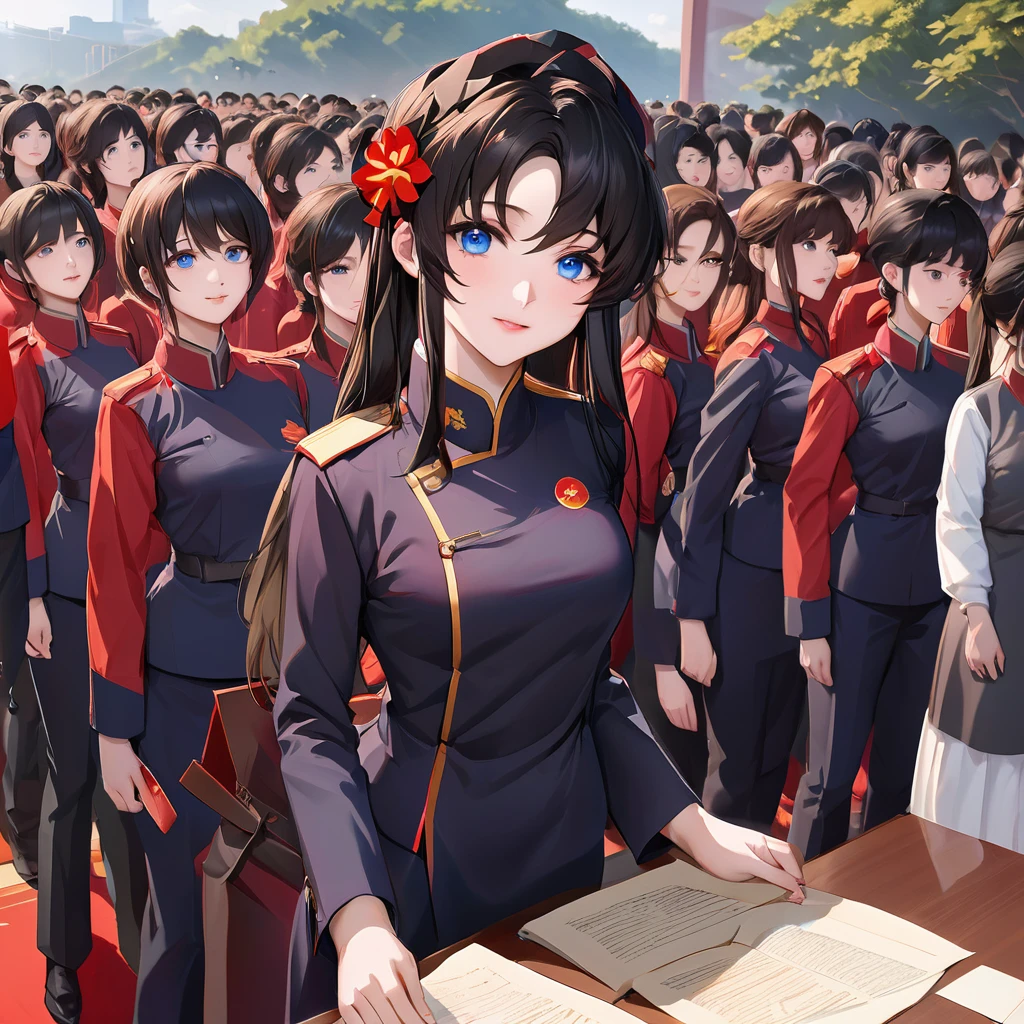((Highest quality)), ((masterpiece)), (detailed), (Perfect Face)、The woman is a Chinese Lacus Clyne with blue eyes and medium-long black hair. She is wearing an engagement ring. She has become a member of the glorious Chinese Communist Party and has sworn absolute loyalty to the Chinese Communist Party. She is a righteous Communist Party member of China.、The woman is wearing the fine red uniform of a Chinese Communist Party member.、For the sake of China, they dye their hair, hairstyle, clothes, and everything they wear belongs to the Chinese Communist Party, and their thoughts are also Chinese, becoming great Chinese in body and mind.、The woman became Lacus Clyne, a Chinese woman who was proud of and loved China.、She is working for China as a member of the great Chinese Communist Party.、Women and fellow Communist Party members line up in an orderly fashion at the ceremony to pledge allegiance to the great President of the Nation.